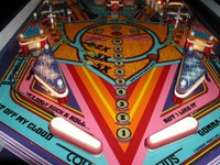 Image # 16330: Rolling Stones Lower Early Production Playfield 
(This is a plastic playfield from the game with serial number 1013, the 13th game produced.)