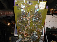 Image # 16331: Rolling Stones Under Early Production Playfield 
(This is a plastic playfield from the game with serial number 1013, the 13th game produced.)
