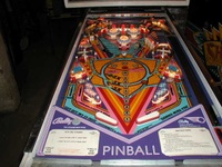 Image # 16334: Rolling Stones Early Production Playfield 
(This is a plastic playfield from the game with serial number 1013, the 13th game produced. Note the dark shooter alley.)