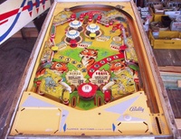 Image # 69105: Safari Playfield 
(The factory passive bumper between the flippers has been replaced by a pop bumper. Serial number 1354.)