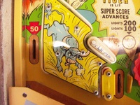 Image # 69116: Safari Playfield - Detail 
(The factory passive bumper between the flippers has been replaced by a pop bumper. Serial number 1354.)