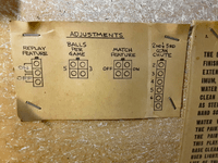 Image # 74644: Safari Early Production - Operator Adjustments Card 
(There is no Add-A Ball option, only Replay and Novelty. There is no 7 balls per game option. Serial number 1098.)