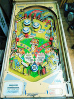 Image # 77357: Safari Early Production Playfield 
(The passive bumper between the flippers has the wrong bumper cap. Both flippers should be white. Serial number 1029.)