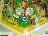 Image # 77360: Safari Early Production Lower Playfield 
(The passive bumper between the flippers has the wrong bumper cap. Both flippers should be white. Serial number 1029.)