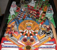 Image # 31658: Secret Service Lower Playfield 
(The two spinning targets do not match the game in the manufacturer's flyer. The bumper cap colors are reversed as well.)