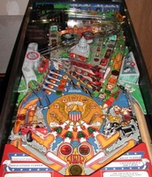 Image # 31652: Secret Service Playfield 
(The two spinning targets do not match the game in the manufacturer's flyer. The bumper cap colors are reversed as well.)