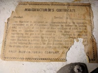 Image # 71195: Sheba Manufacturer's Certificate 
(Cabinet serial number is SH-1621.)