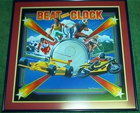 Image # 71148: Beat the Clock Original Backglass Artwork 
(Artist is Tony Ramunni.Watercolor on posterboard.Approximate dimensions 24 1/2 inches by 26 inches. Metal frame is 29 by 31 inches.)
