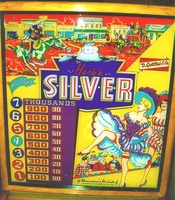 Image # 2033: Silver Modified Backglass 
(Note: Backglass in this photo has been modified to read 'Herb's' Silver; this should be 'Gottlieb's' Silver.)