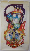 Image # 72354: Skateball Original Playfield Artwork 
(Artist is Kevin O'Connor.Magic markers on a blueprint paper.Dimensions are 22 1/2 inches by 41 inches.The artist had first inked the outlines then hand-colored a blueprint copy of the inked art using magic markers as a guide for the production artist (someone else) to cut the silkscreen masks.)
