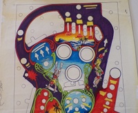 Image # 72355: Skateball Original Playfield Artwork 
(Artist is Kevin O'Connor.Magic markers on blueprint paper.Dimensions are 22 1/2 inches by 41 inches.The artist had first inked the outlines then hand-colored a blueprint copy of the inked art using magic markers as a guide for the production artist (Margaret Hudson) to cut the silkscreen masks.)