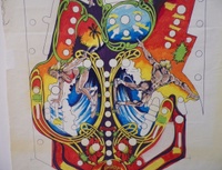 Image # 72356: Skateball Original Playfield Artwork 
(Artist is Kevin O'Connor.Magic markers on blueprint paper.Dimensions are 22 1/2 inches by 41 inches.The artist had first inked the outlines then hand-colored a blueprint copy of the inked art using magic markers as a guide for the production artist (Margaret Hudson) to cut the silkscreen masks.)