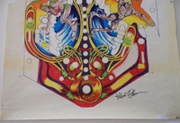 Image # 72357: Skateball Original Playfield Artwork 
(Artist is Kevin O'Connor.Magic markers on blueprint paper.Dimensions are 22 1/2 inches by 41 inches.The artist had first inked the outlines then hand-colored a blueprint copy of the inked art using magic markers as a guide for the production artist (Margaret Hudson) to cut the silkscreen masks.)