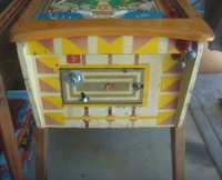 Image # 48765: Sluggin' Champ 'Deluxe' Cabinet - Front 
(The playfield plastic parts and blue tray liner are reproduction.)