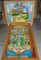 Image # 48762: Sluggin' Champ 'Deluxe' Cabinet - Front View 
(All plastic parts on this playfield are reproduction, as is the blue tray liner, but we show this image to present the playfield art and cabinet design.)