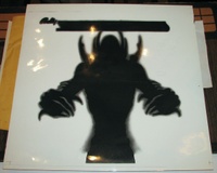 Image # 70457: Space Invaders Preliminary Backglass Artwork 
(This was the special mirror screen front  glass to createthe infinity effect on the backglass.Artist is Paul Faris.Airbrush Ink on Mylar.Dimensions: same size as production glass.)