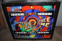 Image # 54708: Space Time Backglass 
(This game has a laminated cabinet. Serial number 5438.)