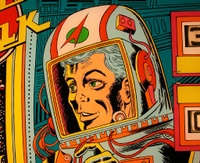 Image # 25347: Space Walk Unbranded Backglass - Detail 
(This backglass (source unknown) lacks the GOTTLIEB name and trademark but appears otherwise identical.)
