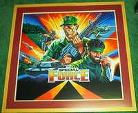 Image # 71174: Special Force Original Backglass Artwork 
(Artist is Tony Ramunni. Watercolor on posterboard.Dimensions 24 1/2 inches by 25 1/2 inches. Metal frame is 30 1/2 by 32 inches.)