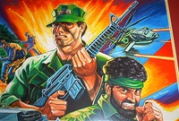 Image # 71175: Special Force Original Backglass Artwork - Detail 
(Artist is Tony Ramunni. Watercolor on posterboard.Dimensions 24 1/2 inches by 25 1/2 inches. Metal frame is 30 1/2 by 32 inches.)