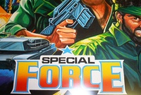 Image # 71176: Special Force Original Backglass Artwork - Detail 
(Artist is Tony Ramunni. Watercolor on posterboard.Dimensions 24 1/2 inches by 25 1/2 inches. Metal frame is 30 1/2 by 32 inches.)