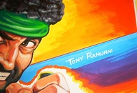 Image # 71177: Special Force Original Backglass Artwork - Detail 
(Artist is Tony Ramunni. Watercolor on posterboard.Dimensions 24 1/2 inches by 25 1/2 inches. Metal frame is 30 1/2 by 32 inches.)