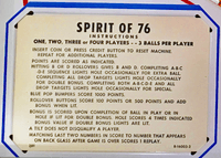Image # 74920: Spirit of 76 Sample Game - Instruction Card - 3 Ball 
(Serial number 01267 S.)