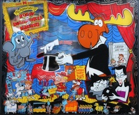 Image # 63422: Adventures of Rocky and Bullwinkle and Friends Backglass 
(On this game, Bullwinkle's right arm is broken.)