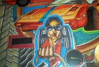 Image # 64073: Spy Hunter Original Backglass Artwork - Detail 
(Artist is Tony Ramunni.Color markers were used.Dimensions 13 inches by 14 1/4 inches excluding frame and matte border. Metal frame is 16 1/2 by 20 1/2 inches.)
