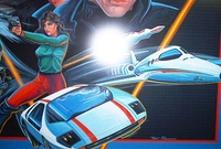 Image # 71179: Spy Hunter Original Backglass Artwork - Detail 
(Artist is Tony Ramunni. Watercolor on posterboard.Dimensions 25 1/2 inches by 26 1/2 inches. Metal frame is 29 by 31 inches.)