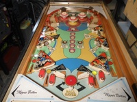 Image # 67679: Stage Coach Playfield 
(The color positions of the pop bumper caps and their skirts do not match the game in the manufacturer's flyer. The style of flippers shown here is not original to this game.)