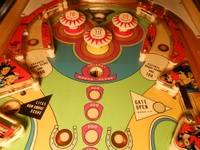 Image # 67680: Stage Coach Upper Playfield 
(The color positions of the pop bumper caps and their skirts do not match the game in the manufacturer's flyer.)