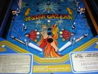 Image # 32345: Star Gazer Lower Playfield 
(Instruction and score cards are reproductions. Serial number 732.)
