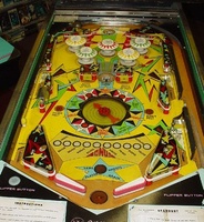 Image # 10397: Stardust Playfield 
(The yellow post in the path of the left drop lane is not original to this game. It should be a metal pin.)