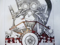Image # 70922: Stellar Wars Original Playfield Artwork 
(Artist is Constantino Mitchell.Ink and Rubylith marker on Mylar film.Dimensions 31 inches by 44 inches.)