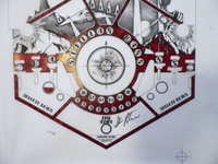 Image # 70923: Stellar Wars Original Playfield Artwork 
(Artist is Constantino Mitchell.Ink and Rubylith marker on Mylar film.Dimensions 31 inches by 44 inches.)