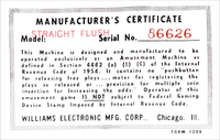 Image # 80381: Straight Flush Manufacturer's Certificate 
(Located on upper apron. Serial number 86626.)