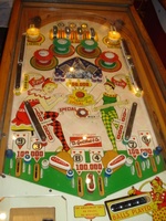 Image # 43117: Straight Flush Illuminated Playfield 
(The blue cover is missing from the roto-target assembly, revealing two light bulbs and their sockets. The outlanes between the flippers are missing their triangular cover.)