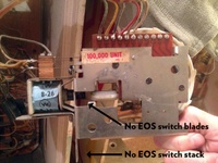 Image # 59968: Straight Flush 100,000 Drum Unit - No EOS Switch - Annotated 
(An End-Of-Stroke switch was not factory-installed on this drum unit and would be one of the components needed to illuminate the 1,000,000 point value that is silkscreened on the backglass.)