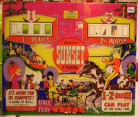Image # 38316: Sunset Plexiglas Backglass 
(A hole was drilled in the replay window of this plastic backglass.)