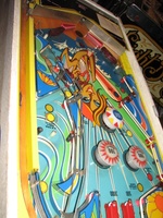 Image # 59761: Surfing Playfield - Downfield View 
(One of the pop bumper caps is not original to this game. Serial number 0383.)