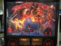 Image # 32694: Swords of Fury Prototype - Illuminated Backglass 
(Serial number X150006.)
