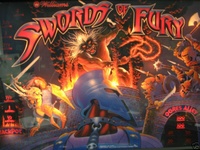 Image # 32693: Swords of Fury Prototype - Illuminated Backglass 
(Serial number X150006.)