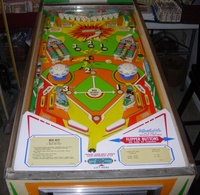 Image # 61600: Big Hit Playfield - Yellow Version 
(In this version, the area between the lower flippers and the upper flipper swipes are painted yellow from the factory. Serial number 03505.)