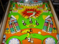Image # 61601: Big Hit Upper Playfield - Yellow Version 
(In this version, the area between the lower flippers and the upper flipper swipes are painted yellow from the factory. Serial number 03505.)