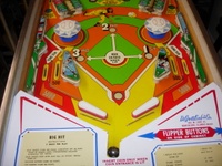 Image # 61602: Big Hit Lower Playfield - Yellow Version 
(In this version, the area between the lower flippers and the upper flipper swipes are painted yellow from the factory. Serial number 03505.)