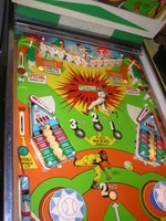 Image # 35789: Big Hit Upper Playfield - White Version 
(In this version, the area between the lower flippers and the upper flipper swipes are painted white from the factory.)