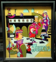 Image # 60014: 3 Jokers Sample Game - Backglass 
(The backbox is tagged '3 Jokers' with serial number 65382. The Sample insert is tagged 'Straight Flush' with a two-digit handwritten serial number.)