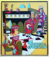 Image # 60015: 3 Jokers Sample Game - Backglass 
(The backbox is tagged '3 Jokers' with serial number 65382. The Sample insert is tagged 'Straight Flush' with a two-digit handwritten serial number.)