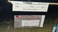 Image # 78860: The Who's Tommy Pinball Wizard Prototype - Manufacturer Sticker 
(Serial number 102959.)